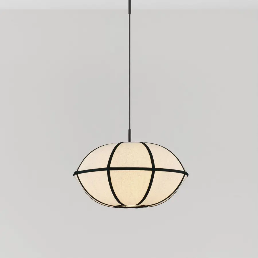 Lampa wisząca japandi, lniany lampion z czarnymi paskami - Hikari 45