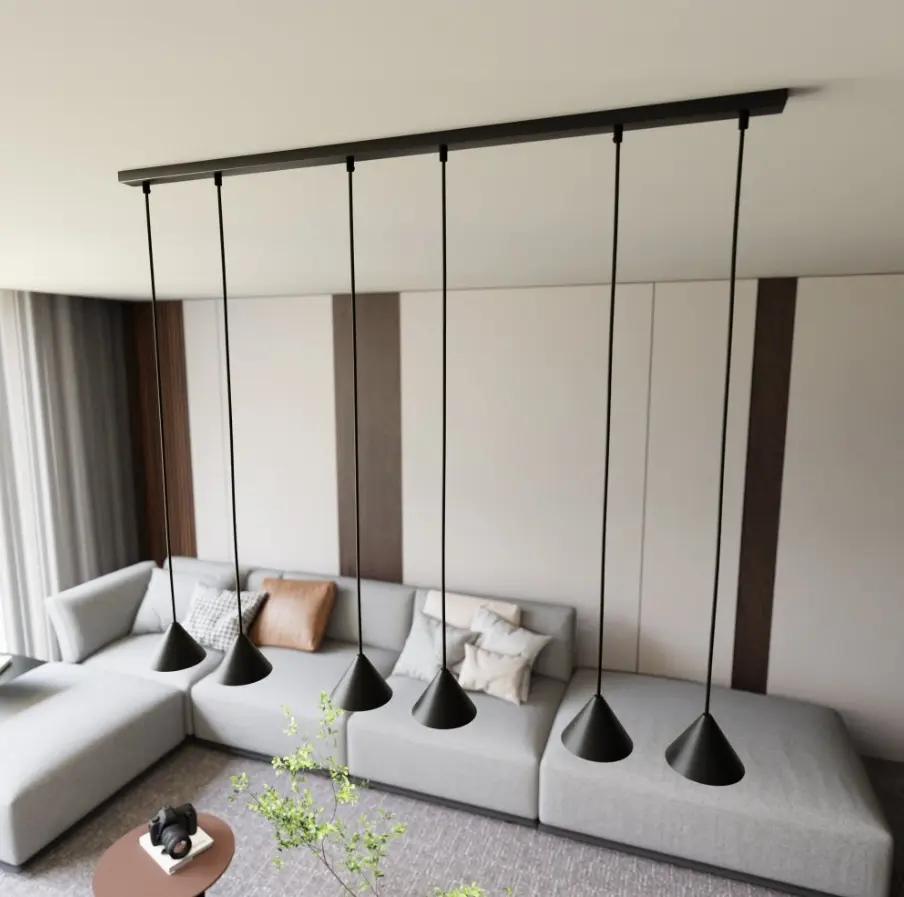 Lampa wisząca długa czarna z 6 kloszami stożek - Emibig Elit 6