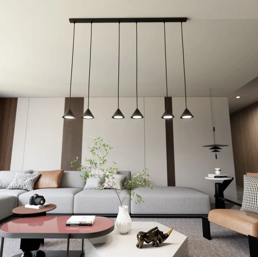 Lampa wisząca długa czarna z 6 kloszami stożek - Emibig Elit 6